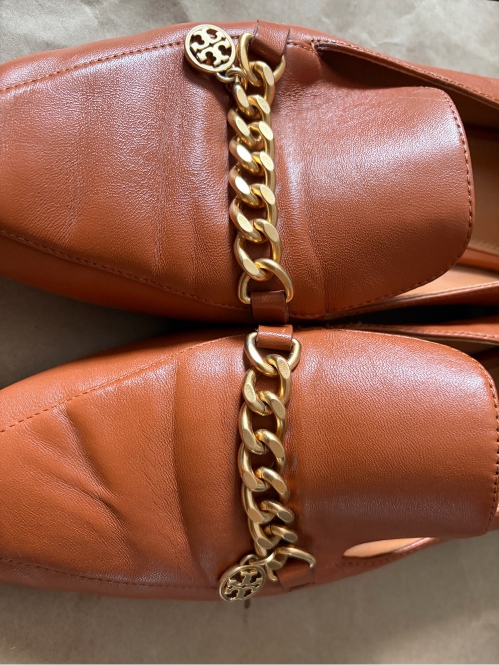 Women’s Tory Burch Leather Chain-Trim Loafers in Tan - Picture 2 of 5